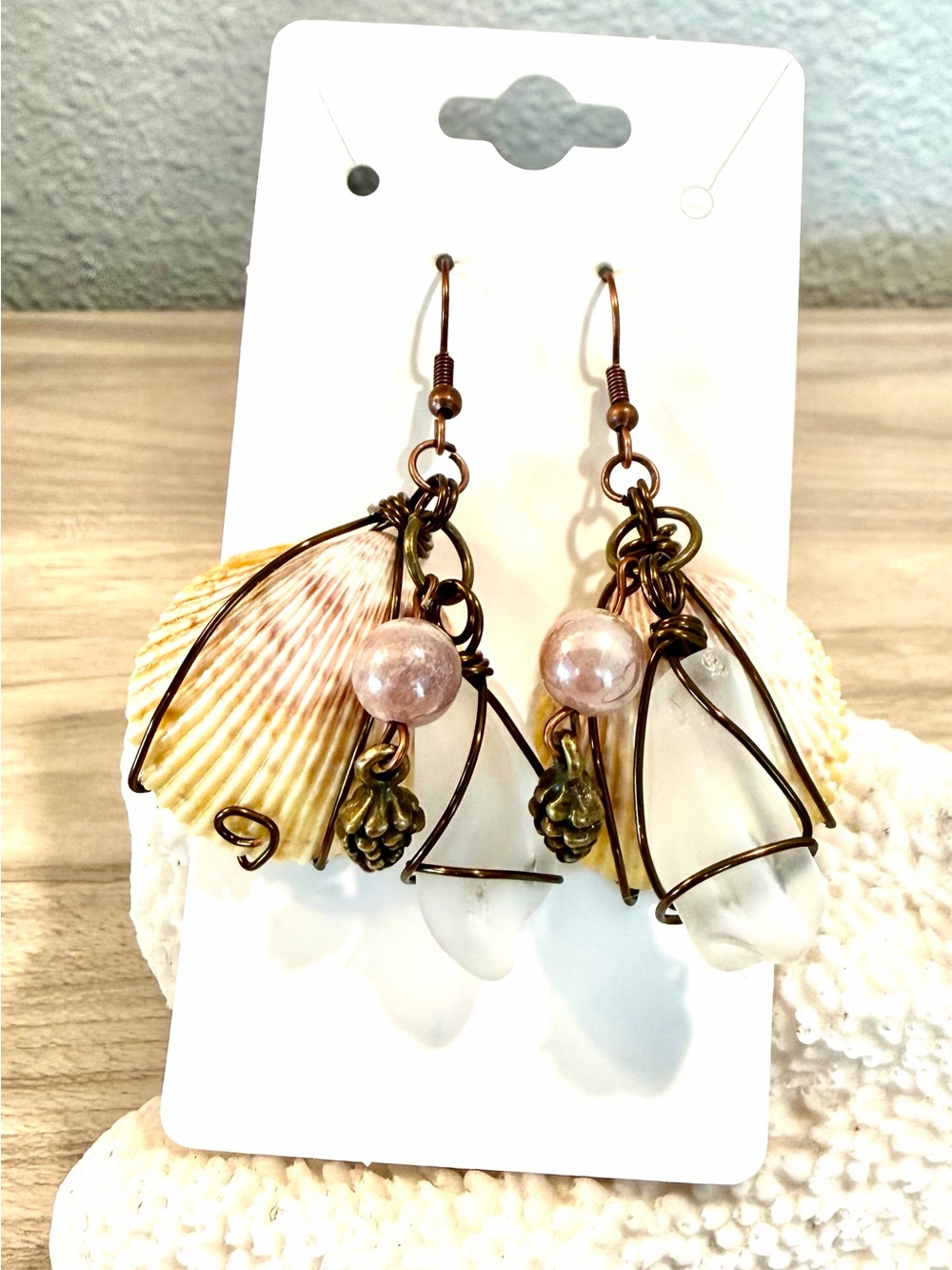 11. Cockle shell earrings with pine cones and sunstone beads